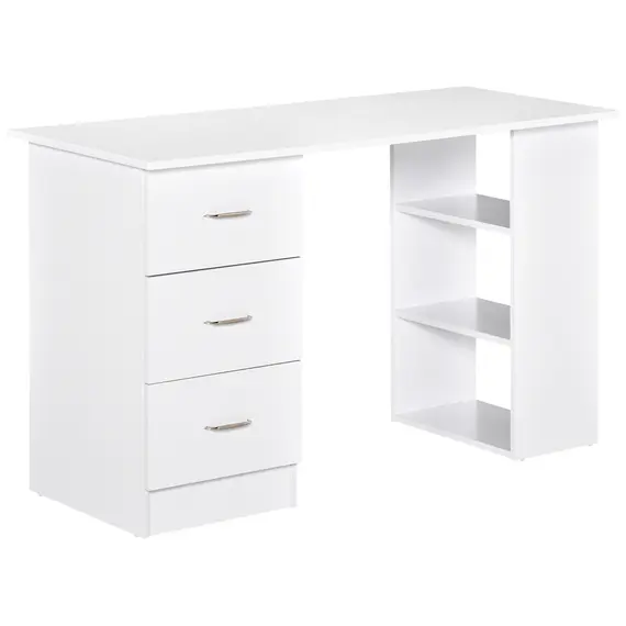 Buy Computer Desk, Writing Table, PC Workstation with 3 Storage Shelves and Drawers, Silver Handle, for Home Office, White, Colour: White