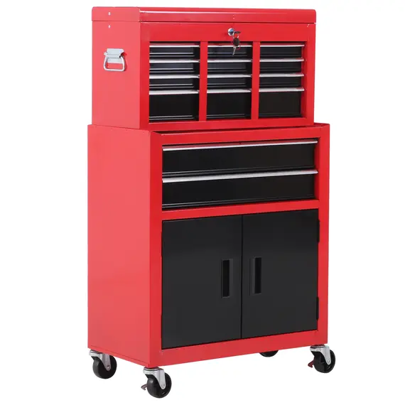 Buy Tool Chest, Metal Tool Cabinet on Wheels with 6 Drawers, Pegboard, Top Chest and Roller Cabinet Combo, 61.6 x 33 x 108cm, Red and Black