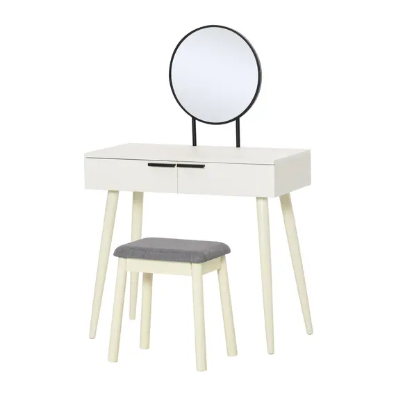 Buy Dressing Table with Mirror and Stool, Vanity Makeup Desk Set with 2 Drawers, Cushioned Stool and Make-up Organizer for Bedroom and Dressing Room, White
