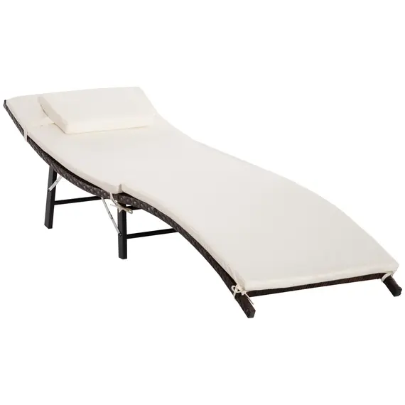 Buy Rattan Folding Sun Lounger Outdoor Chair with Cushion and Pillow Cream White