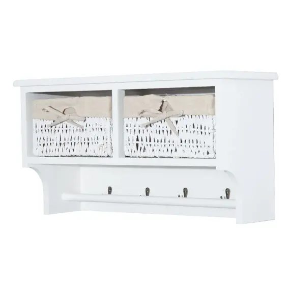 Buy Entryway Coat Rack Wall Mounted Shelf w/Wicker Basket and Hooks (2 Baskets, White)