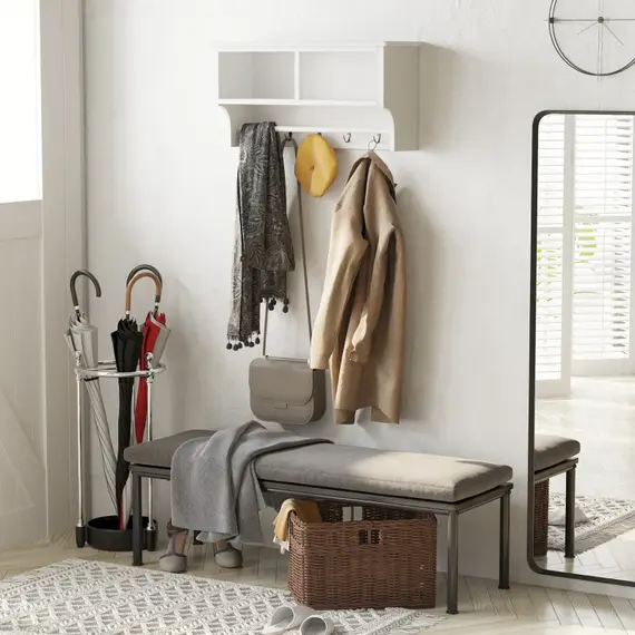 Buy Entryway Coat Rack Wall Mounted Shelf w/Wicker Basket and Hooks (2 Baskets, White), 3 image