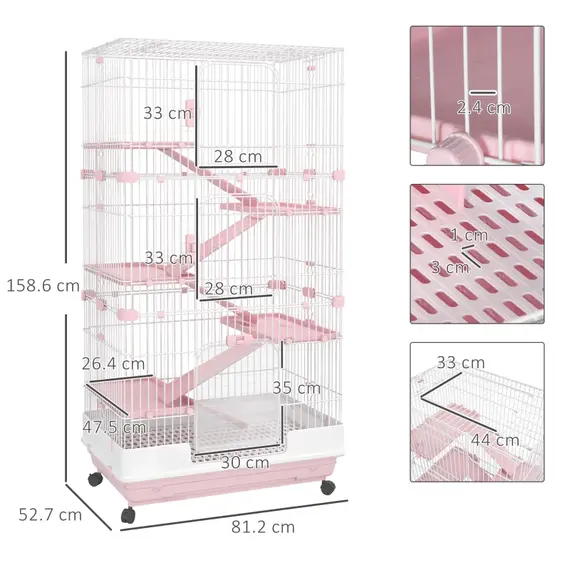 Buy PawHut 6 Levels Small Animal Cage Indoor Bunny House for Ferret Chinchilla with Wheels, Slide-out Tray, Pink, 3 image