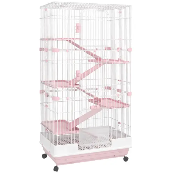 Buy PawHut 6 Levels Small Animal Cage Indoor Bunny House for Ferret Chinchilla with Wheels, Slide-out Tray, Pink, 4 image