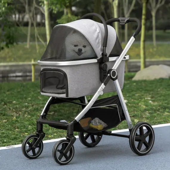 Buy PawHutВ 3-In-1 One Click Foldable PetВ StrollerВ Detachable Dog Cat Travel Pushchair Car Seat with EVA Wheels Basket Safety Leash Cushion Light Grey, 2 image