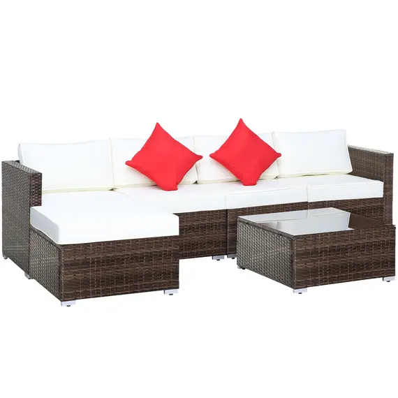 Buy 6 Pieces Rattan Garden Furniture Set, 5 Seater Sectional Garden Corner Sofa Set with Glass Top Coffee Table, Cushions and Pillows, All-Weather Wicker Conversation Furniture, Cream White