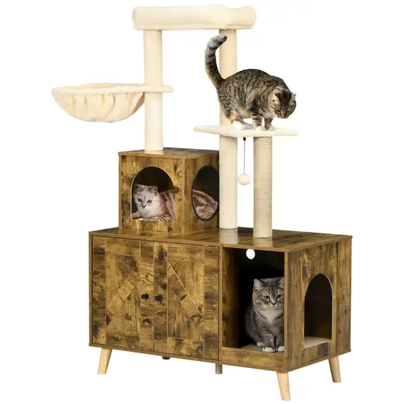 Buy Cat Litter Box Enclosure, with Tree Tower, Cat House, Hammock, Cushion - Rustic Brown