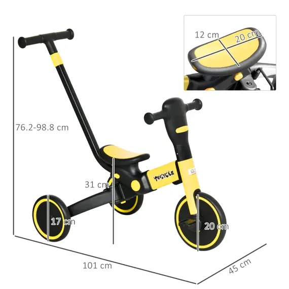 Buy 4-in-1 Tricycle for Kids, Baby Trike with Adjustable Push Handle, Detachable Foot Rest for 18-60 Months, Yellow, 3 image