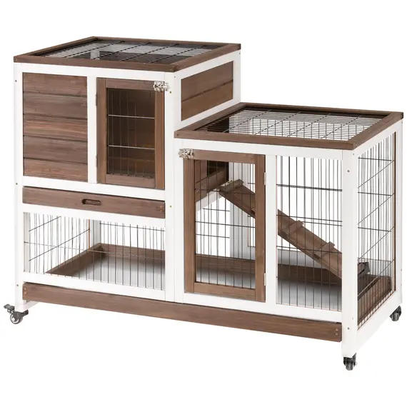 Buy Two-Tier Rabbit Hutch Pet Cage, with Wheels - Brown