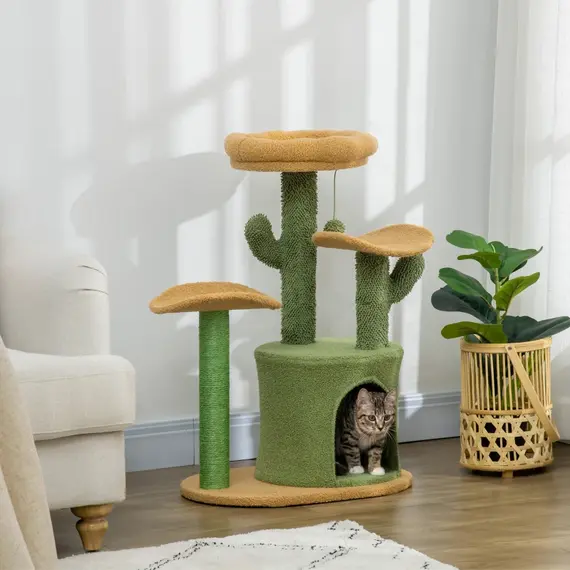 Buy Cactus Cat Tree, 83cm Cat Climbing Tower, kitten Activity Centre with Teddy Fleece House, Bed, Sisal Scratching Post and Hanging Ball, Green, 2 image