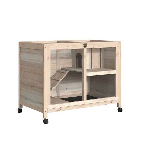 Buy Rabbit Hutch Indoor Wooden Guinea Pig House Hamster Cage with Wheels, 2 Layers Bunny Cage with Openable Roof, 91.5 x 53.3 x 73 cm, Natural