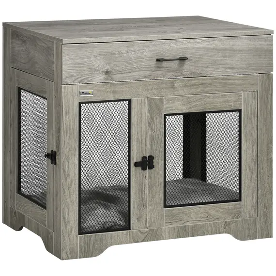 Buy Dog Cage End Table with Two Doors, Drawer, for Medium Dogs - Grey