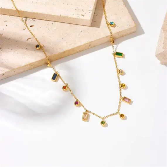 Buy Dazzling 18K Gold Plated Baguette Rainbow Zircon Crystals Fashion Necklace, 8 image