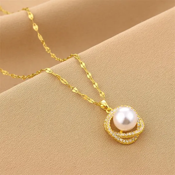 Buy Elegant Trendy Pearl and AAA CZ Crystals Necklace 18K Gold Plated Titanium Steel