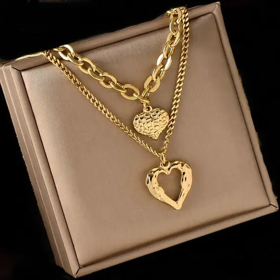 Buy Luxury 18K Gold Plated Titanium Steel Double Heart Necklace, 2 image