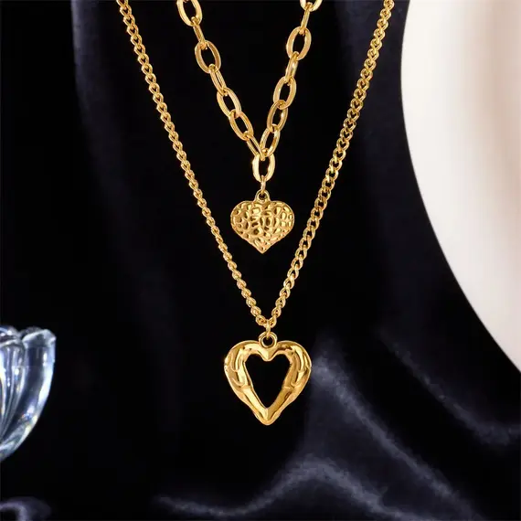 Buy Luxury 18K Gold Plated Titanium Steel Double Heart Necklace, 4 image