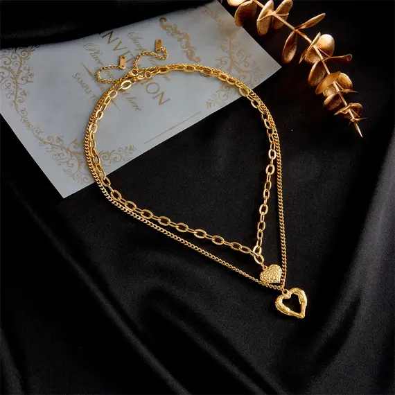 Buy Luxury 18K Gold Plated Titanium Steel Double Heart Necklace, 5 image