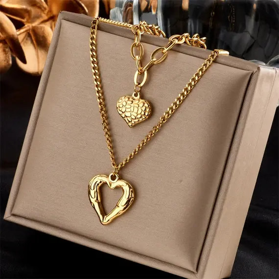 Buy Luxury 18K Gold Plated Titanium Steel Double Heart Necklace, 6 image
