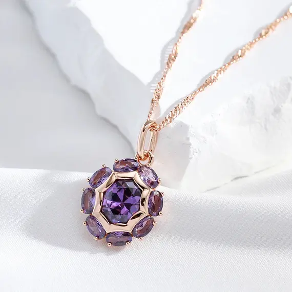 Buy Luxury Sparkling 14K Rose Gold Filled Oval Purple Natural Zircon Crystals Necklace, 3 image