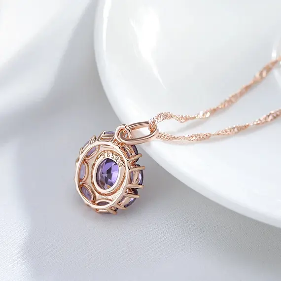 Buy Luxury Sparkling 14K Rose Gold Filled Oval Purple Natural Zircon Crystals Necklace, 5 image