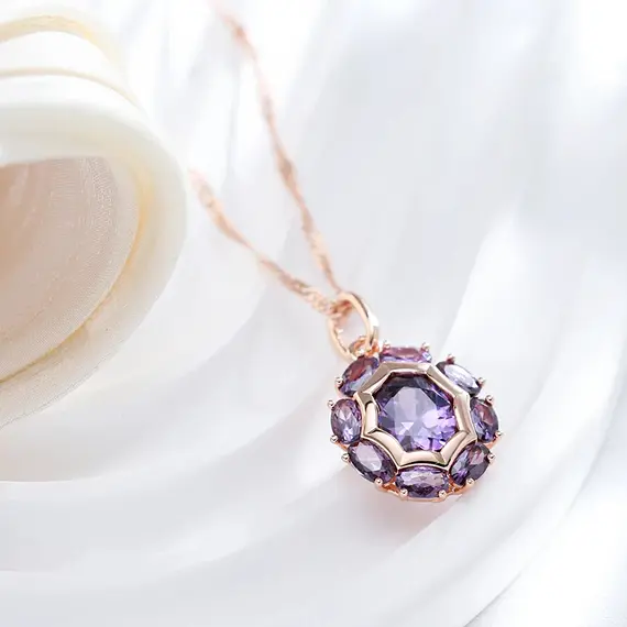 Buy Luxury Sparkling 14K Rose Gold Filled Oval Purple Natural Zircon Crystals Necklace, 6 image