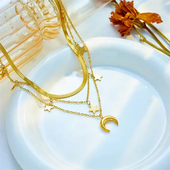 Buy Adorable Titanium Steel Moon and Stars 18K Gold Plated  Fashion Necklace, 2 image