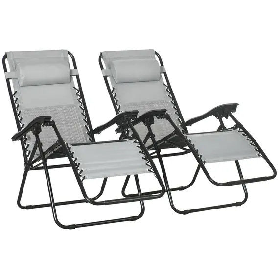 Buy Garden Recliner Chairs Set of 2, Outdoor Foldable Zero Gravity Chairs Set w/ Footstool and Detachable Headrest, Grey