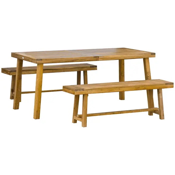 Buy 3 Pieces Picnic Bench Set with Table and 2 Benches, Acacia wood Dining Trestle Beer Table and Seat,  Natural Wood Finish
