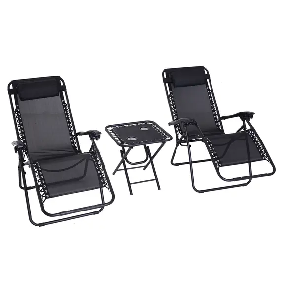 Buy Folding Zero Gravity Chairs, 3 Pieces Adjustable Sun Lounger and Table Set with Cup Holder and Headrest, Patio Bistro Set with Reclining Garden Chairs for Outdoor, Black