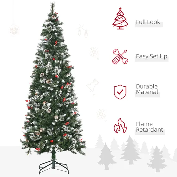 Buy HOMCOM 7 Foot Snow Dipped Artificial Christmas Tree Slim Pencil Xmas Tree with 738 Realistic Branches, Pine Cones, Red Berries, Auto Open, Green, 2 image