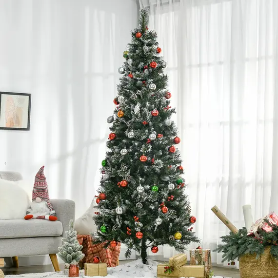 Buy HOMCOM 7 Foot Snow Dipped Artificial Christmas Tree Slim Pencil Xmas Tree with 738 Realistic Branches, Pine Cones, Red Berries, Auto Open, Green, 3 image