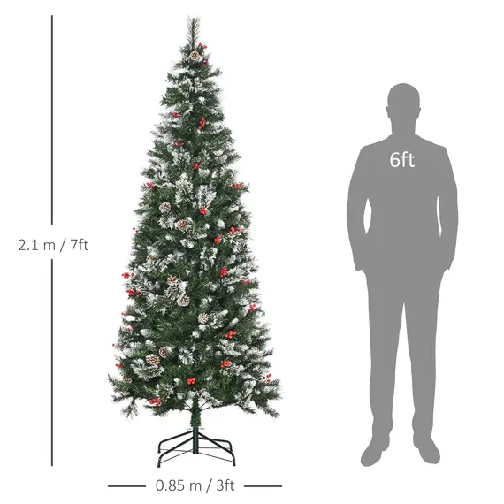 Buy HOMCOM 7 Foot Snow Dipped Artificial Christmas Tree Slim Pencil Xmas Tree with 738 Realistic Branches, Pine Cones, Red Berries, Auto Open, Green, 4 image