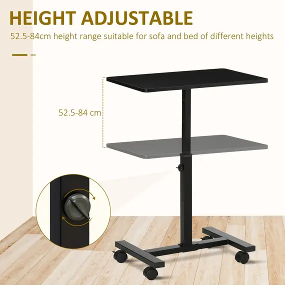 Buy Mobile Overbed Table, Rolling Laptop Stand with Wheels, Height Adjustable Sofa Side Table for Home Office, Black, 3 image