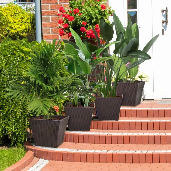 Buy Outdoor Planter Pack of 4, Rattan Effect Plant Pots Indoor Stackable Design, for Garden Patio Porch Deck, Brown, 2 image