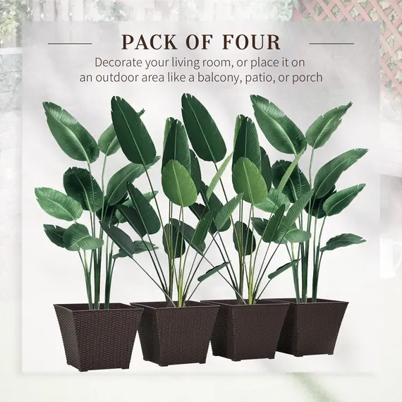 Buy Outdoor Planter Pack of 4, Rattan Effect Plant Pots Indoor Stackable Design, for Garden Patio Porch Deck, Brown, 4 image