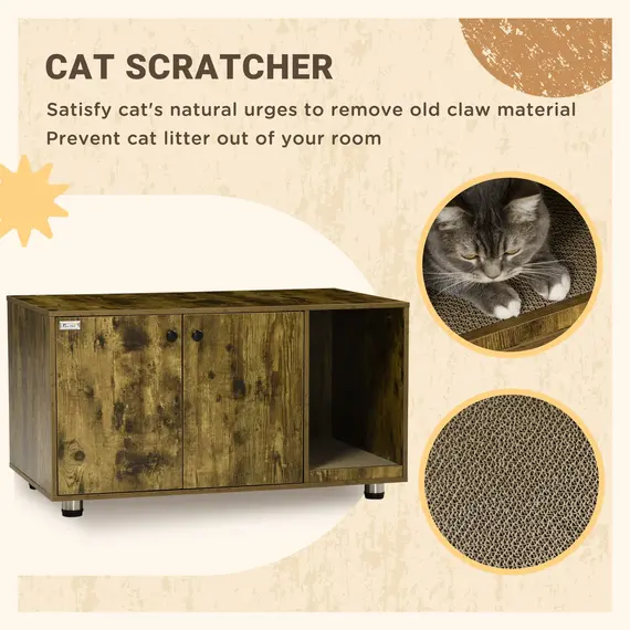 Buy PawHut Cat Litter Box Enclosure, Hidden Cat Washroom, Decorative End Table with Double Doors, Scratching Pad for Living Room, Bedroom, Rustic Brown, 4 image