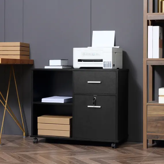 Buy Vinsetto Filing Cabinet with Wheels, Mobile Printer Stand with Open Shelves and Drawers for A4 Size Documents, Black, 2 image