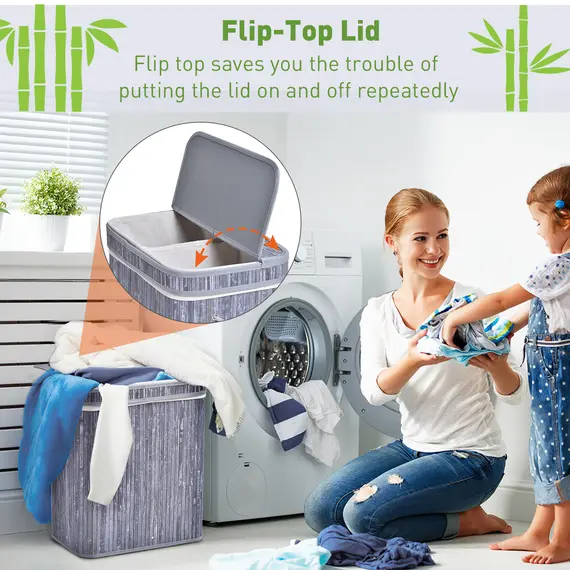 Buy 100L Wooden Laundry Basket w/ Split Compartment Lid Removable Lining Handles Air Holes Ventilation Foldable Durable Water-Resistant Dirty Clothes Storage Home Organisation Grey, 5 image