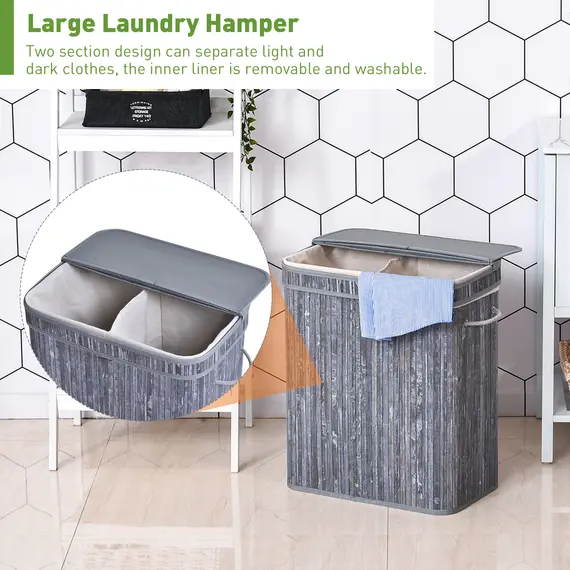 Buy 100L Wooden Laundry Basket w/ Split Compartment Lid Removable Lining Handles Air Holes Ventilation Foldable Durable Water-Resistant Dirty Clothes Storage Home Organisation Grey, 6 image