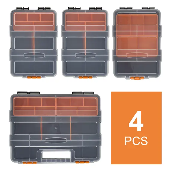Buy Set Of 4 Plastic DIY Tool Storage Boxes w/ Inside Dividers Locking Lids Home Garage Organisation Stacking Arts Crafts Bolts Black Orange, 4 image
