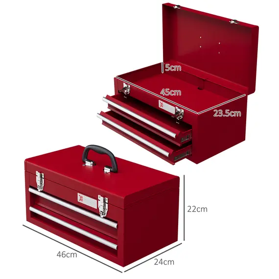 Buy Lockable Metal Tool Box, 2 Drawer Tool Chest with Latches, Handle, Ball Bearing Runners, Red, 3 image