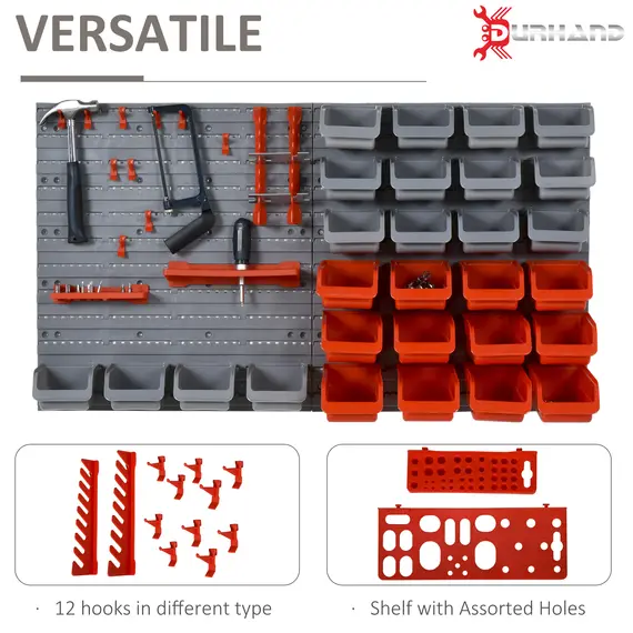 Buy 44 Piece Wall Mounted Tool Rack Organiser Storage Bins and Panel Set with Shelf Hook Screws Accessories Red, 5 image