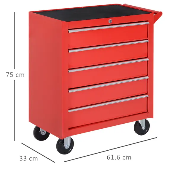 Buy 5-Drawer Lockable Tool Storage Cabinet with Wheels, Handle, 2 Keys, Steel Home Work DIY Workshop Chest, Garage Equipment Trolley, Red, 3 image