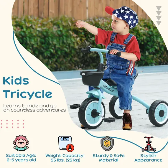 Buy Kids Trike, Tricycle, with Adjustable Seat, Basket, Bell, for Ages 2-5 Years - Blue, 4 image