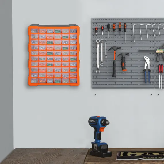 Buy 60 Drawers Parts Organiser Wall Mount Storage Cabinet Garage Small Nuts Bolts Tools Clear Orange, 4 image