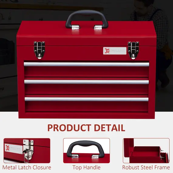 Buy Lockable Metal Tool Box, 3 Drawer Tool Chest with Latches, Handle, Ball Bearing Runners, Red, 4 image