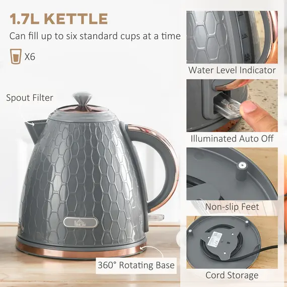 Buy 1.7L 3000W Fast Boil Kettle & 4 Slice Toaster Set, Kettle and Toaster Set with 7 Browning Controls, Crumb Tray, Grey, 4 image