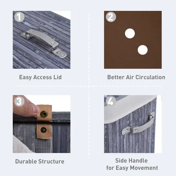 Buy 100L Collapsible Natural Wood  Laundry Hamper Organizer Clothes Washing Basket Bin Storage Box w/Lid Removable Lining 52x32x63cm, Grey, 5 image