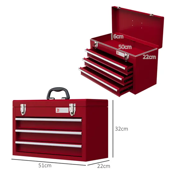 Buy Lockable Metal Tool Box, 3 Drawer Tool Chest with Latches, Handle, Ball Bearing Runners, Red, 3 image