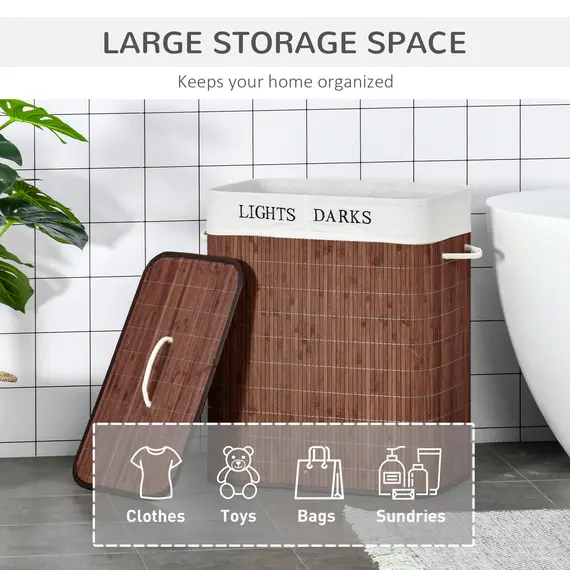 Buy 100L Laundry Basket with Lid String Handles, 2 Section Collapsible Hamper Removable Lining Foldable Water-Resistant Dirty Clothes Storage, Brown, 4 image